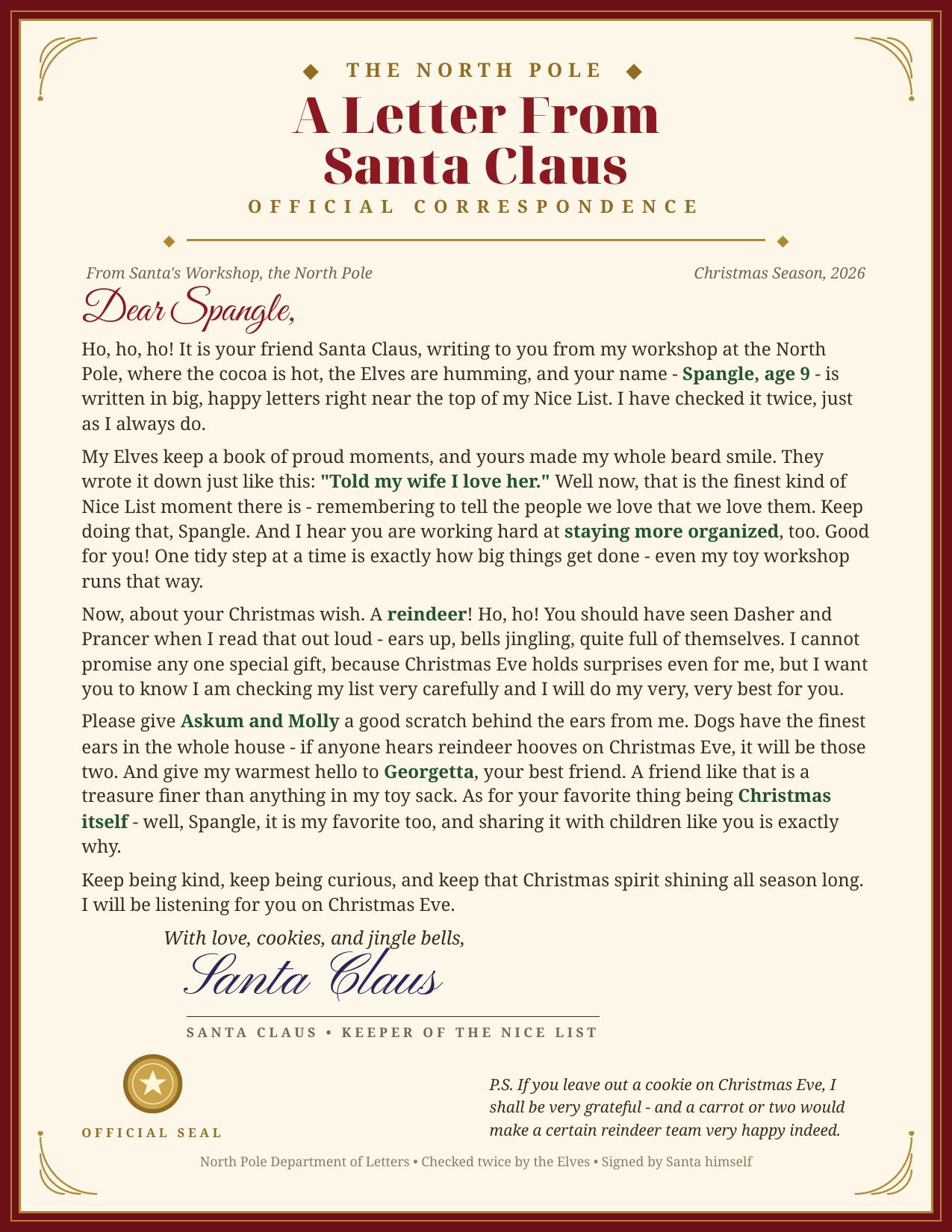 A sample Letter From Santa Claus from the North Pole, personalized with a child's proud moment, wish, and family details