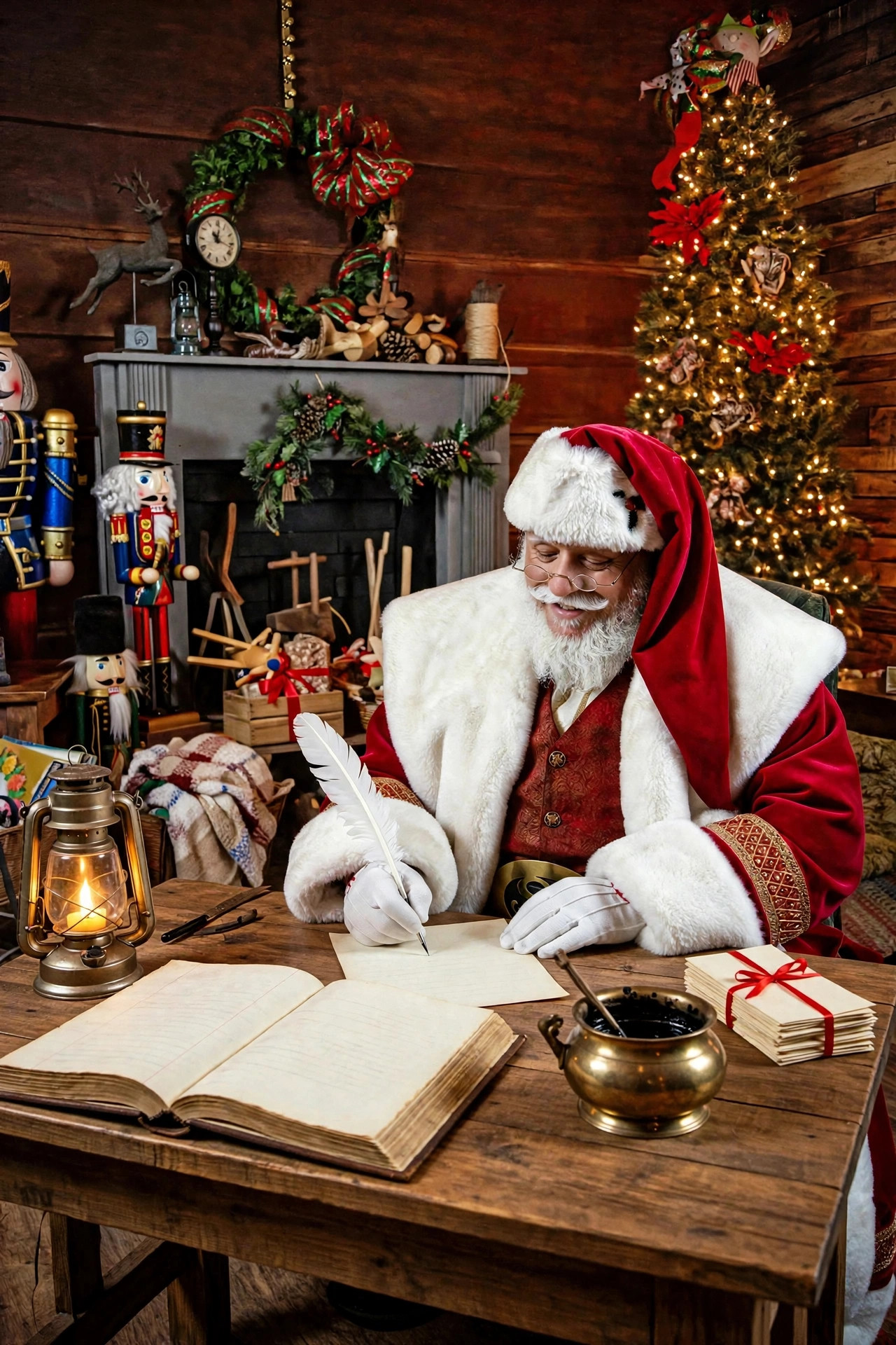 Santa Spangle alone at his workshop writing desk, writing a letter with a big white feather quill pen, with his list book, an ink pot, and a stack of finished letters beside him